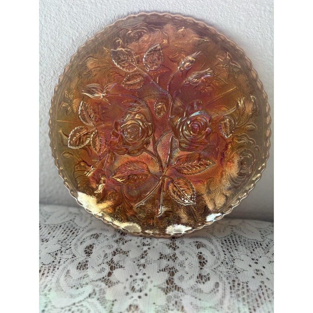 Vintage Carnival Glass Marigold Rose Bowl Iridescent Floral Serving Bowl